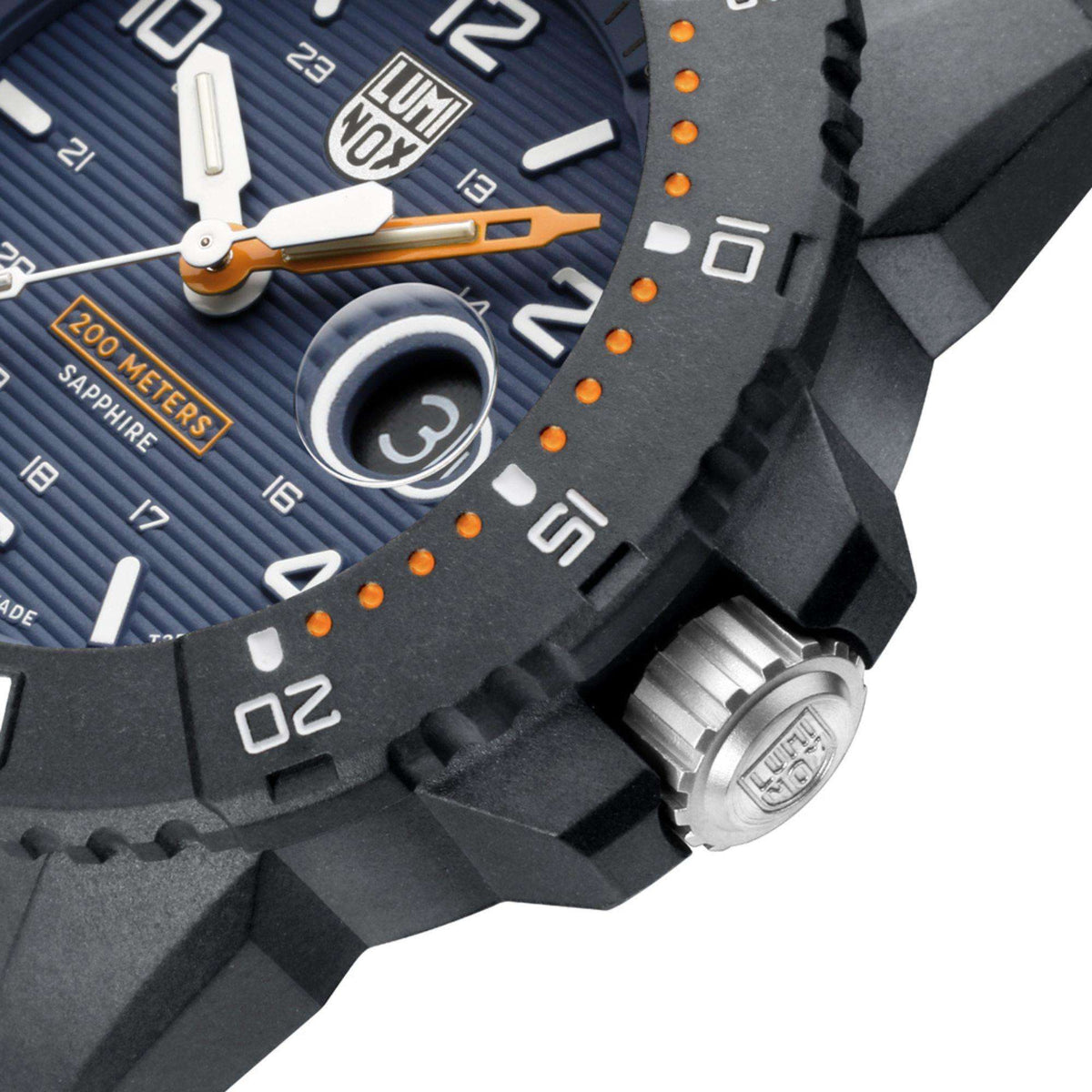 Luminox dive watch with crown and pushers, blue dial detail, black silicone/rubber strap