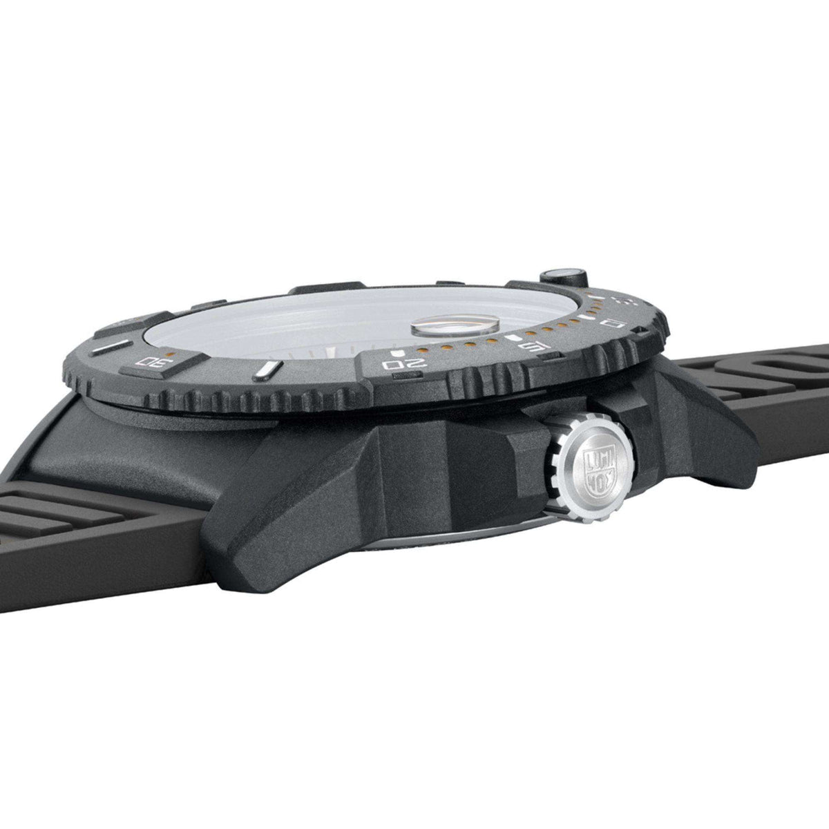 Luminox dive watch side profile with textured black bezel and crown, stainless pushers