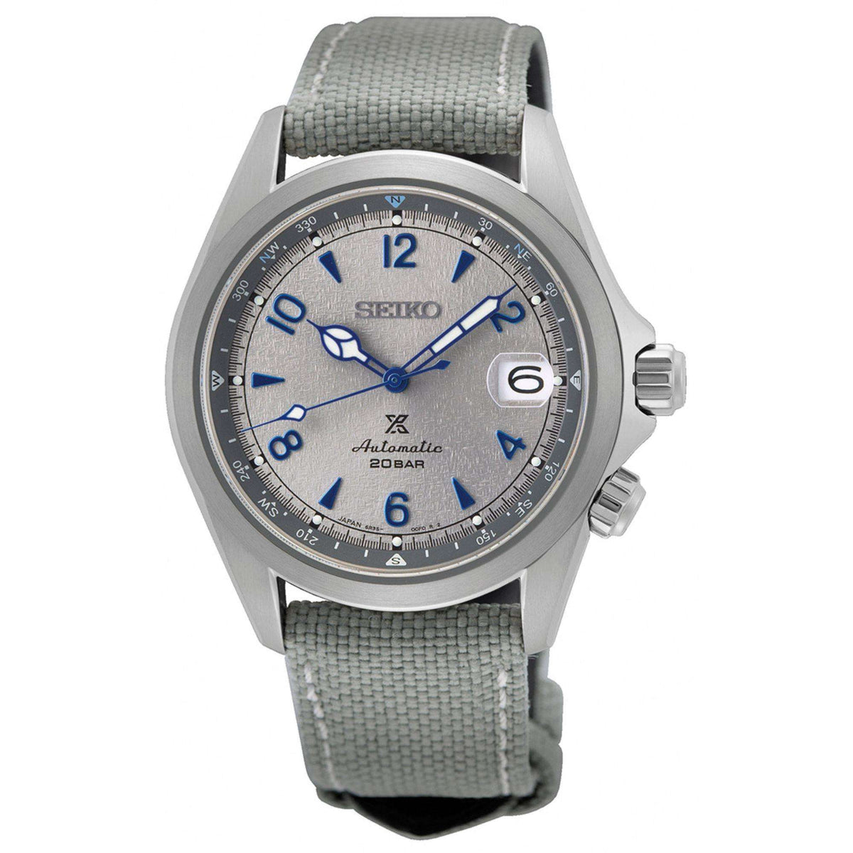 Men's stainless steel diver watch with grey dial, blue hands, grey fabric strap
