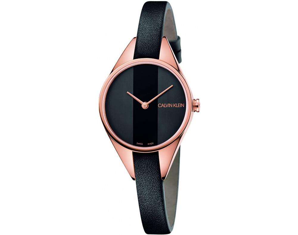 Ladies watch with black dial, rose-gold case, and black leather strap