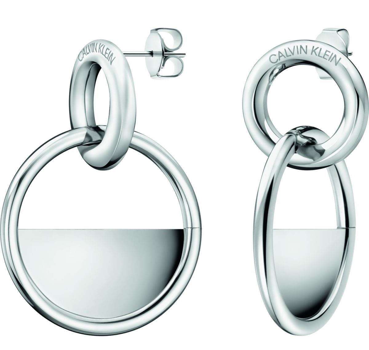 Calvin Klein stainless steel locked hoop earrings with hinged clasp, circular silhouette