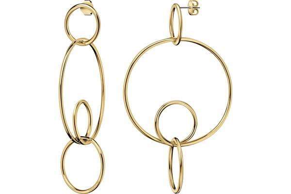 Gold PVD stainless steel hoop earrings with nested rings and dangling oval links
