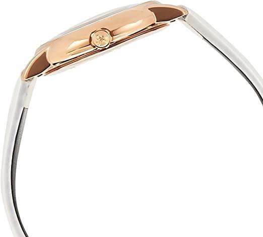 Ladies watch side view with rose-gold-toned bezel and white leather strap