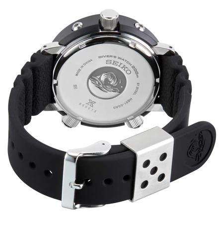 Seiko Prospex dive watch back view with metal caseback and black rubber strap