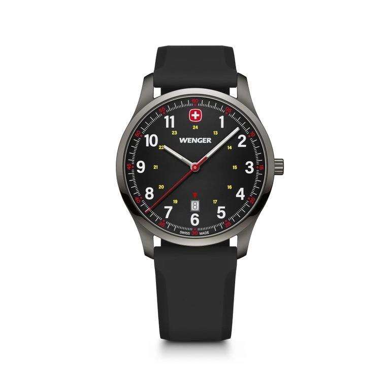 Men's black silicone-strap wristwatch with black dial and red second hand