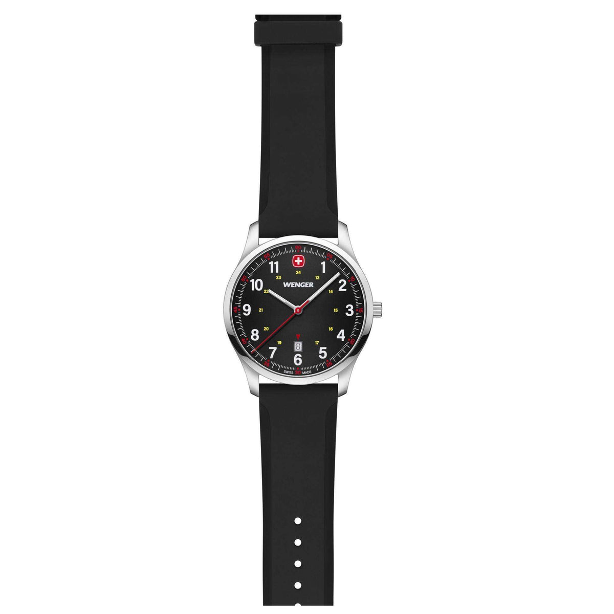 Men's analog wristwatch side view with black dial and black rubber strap