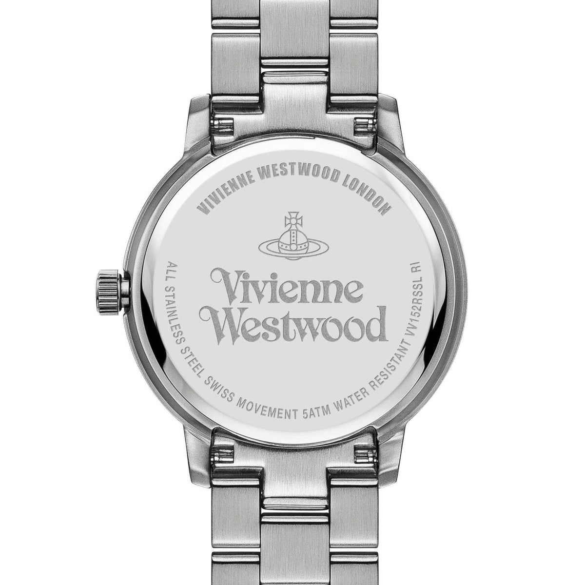 Silver-tone watch caseback with engraved text and bracelet link band