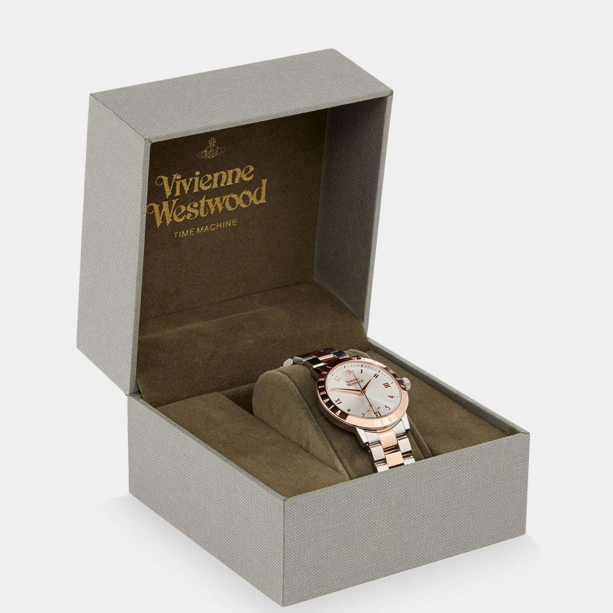 Two-tone Vivienne Westwood watch in open presentation box with rose-gold and silver metal bracelet