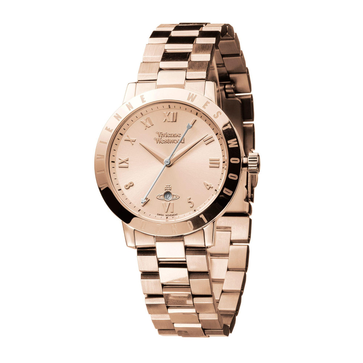 Rose gold steel quartz wristwatch front view, cream dial with Roman numerals