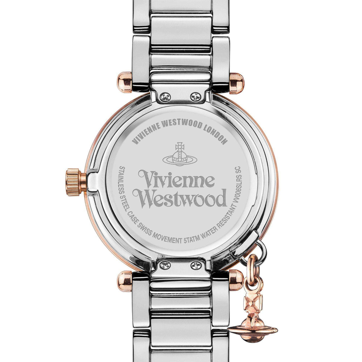 Vivienne Westwood Orb quartz watch case back with engraved text and rose-toned charm