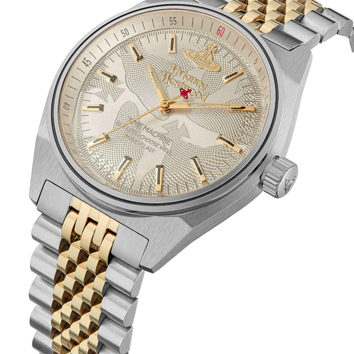 Two-tone stainless steel wristwatch with textured grey dial and gold decorative hands