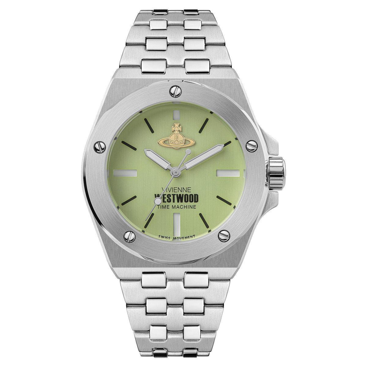 Stainless steel bracelet watch with green dial, baton markers, and gold emblem at center.