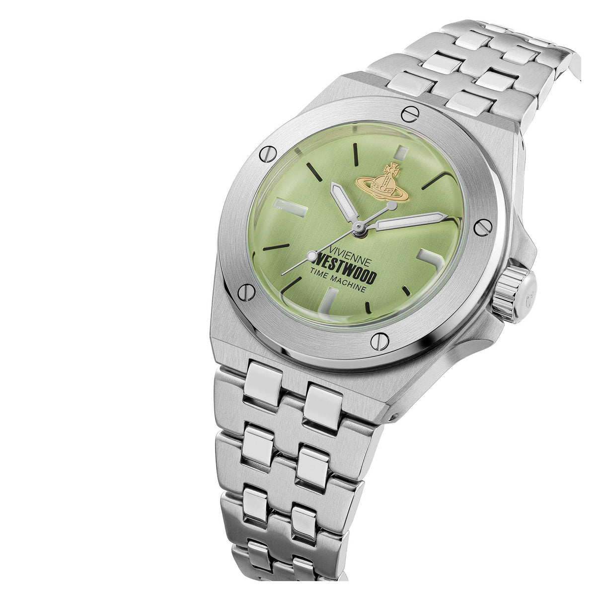 Stainless steel watch with green dial and gold emblem, shown in three-quarter view on bracelet.