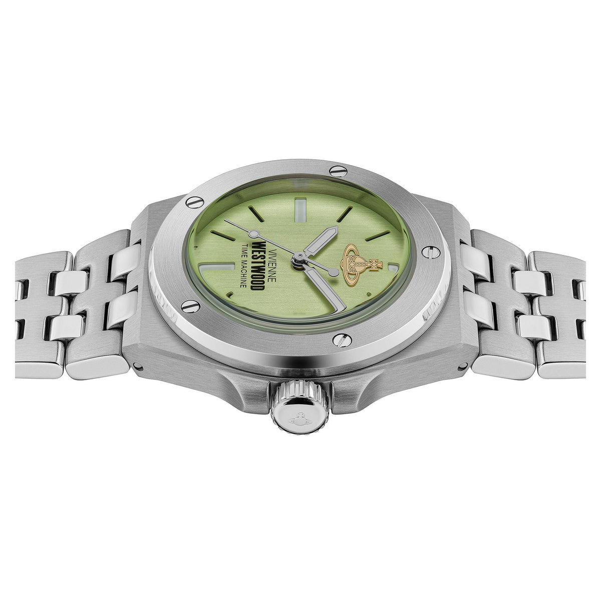 Stainless steel watch with green dial, three-quarter view, crown detail and bracelet links.