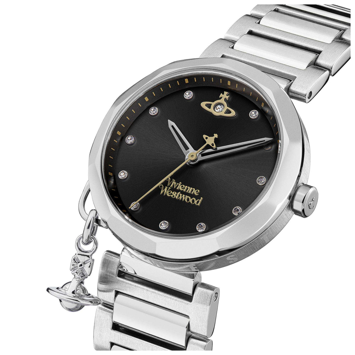 Stainless steel bracelet watch with black dial, gold cat logo, and crystal hour markers