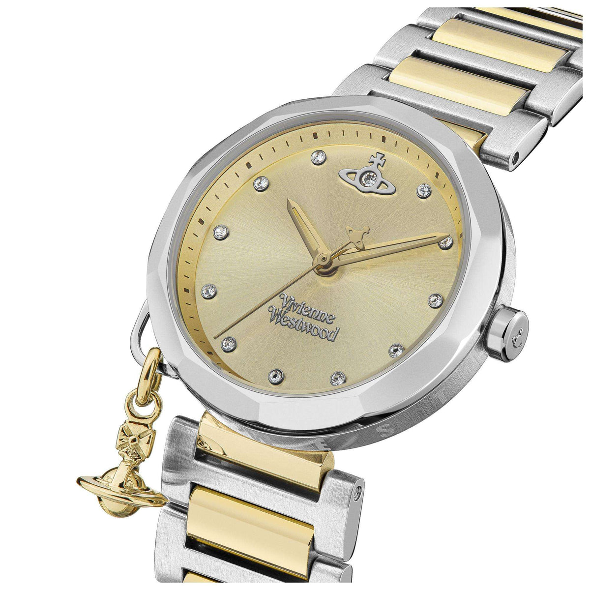Two-tone stainless steel bracelet watch, champagne dial with crystal hour markers