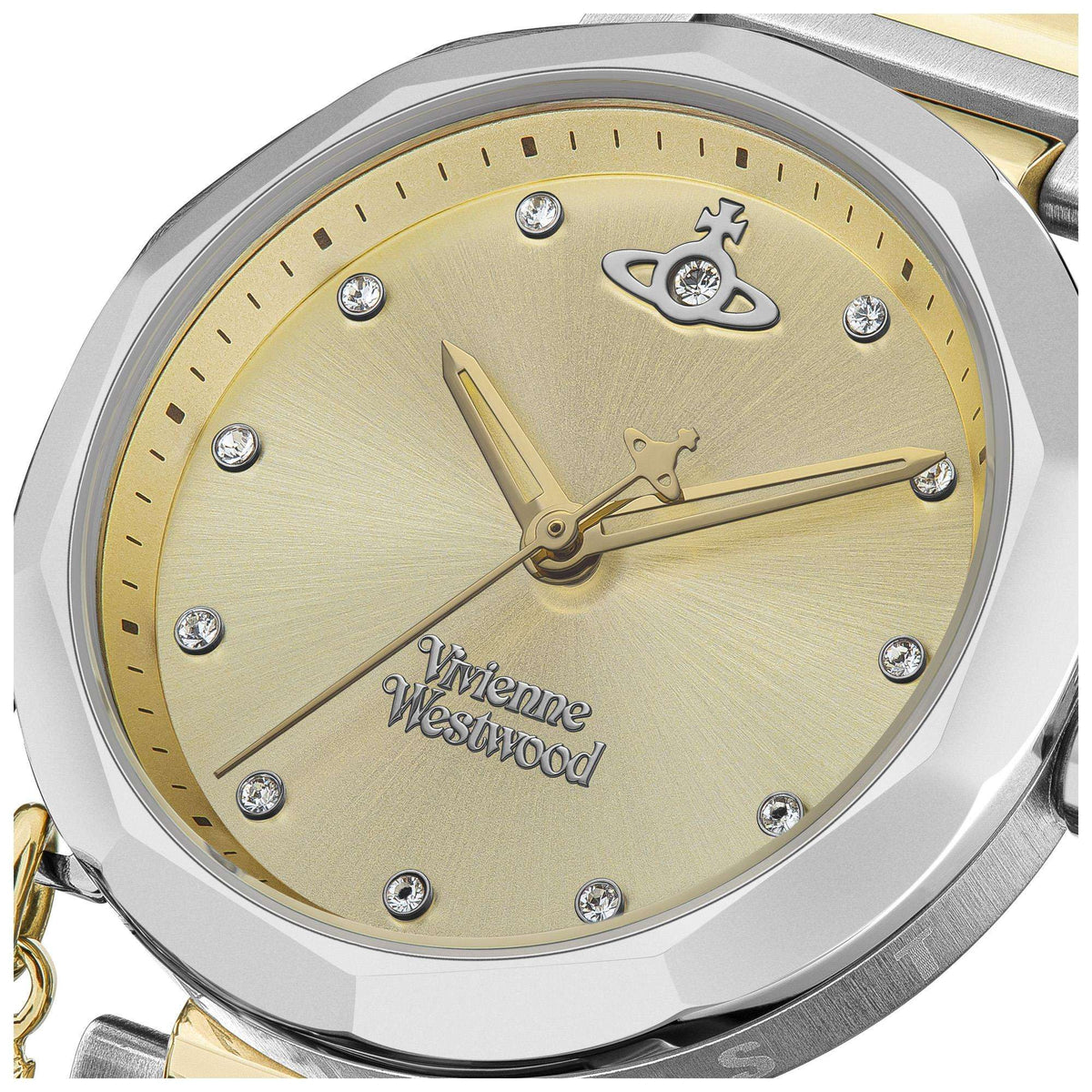 Champagne dial wristwatch with gold-tone hands, Vivienne Westwood logo, and crystals