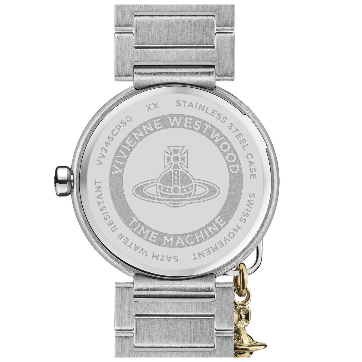 Stainless steel watch case back with Vivienne Westwood engraving and gold-tone charm