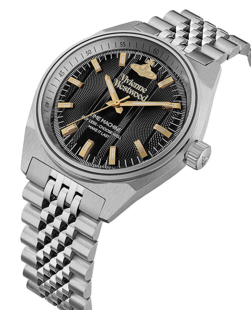 Men's stainless steel bracelet watch with black dial and gold markers; side crown visible