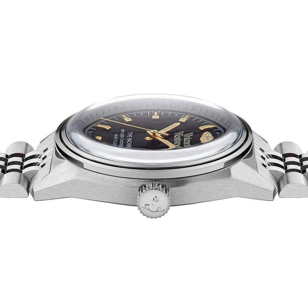 Men's stainless steel watch showing bezel and crown; black dial with gold accents