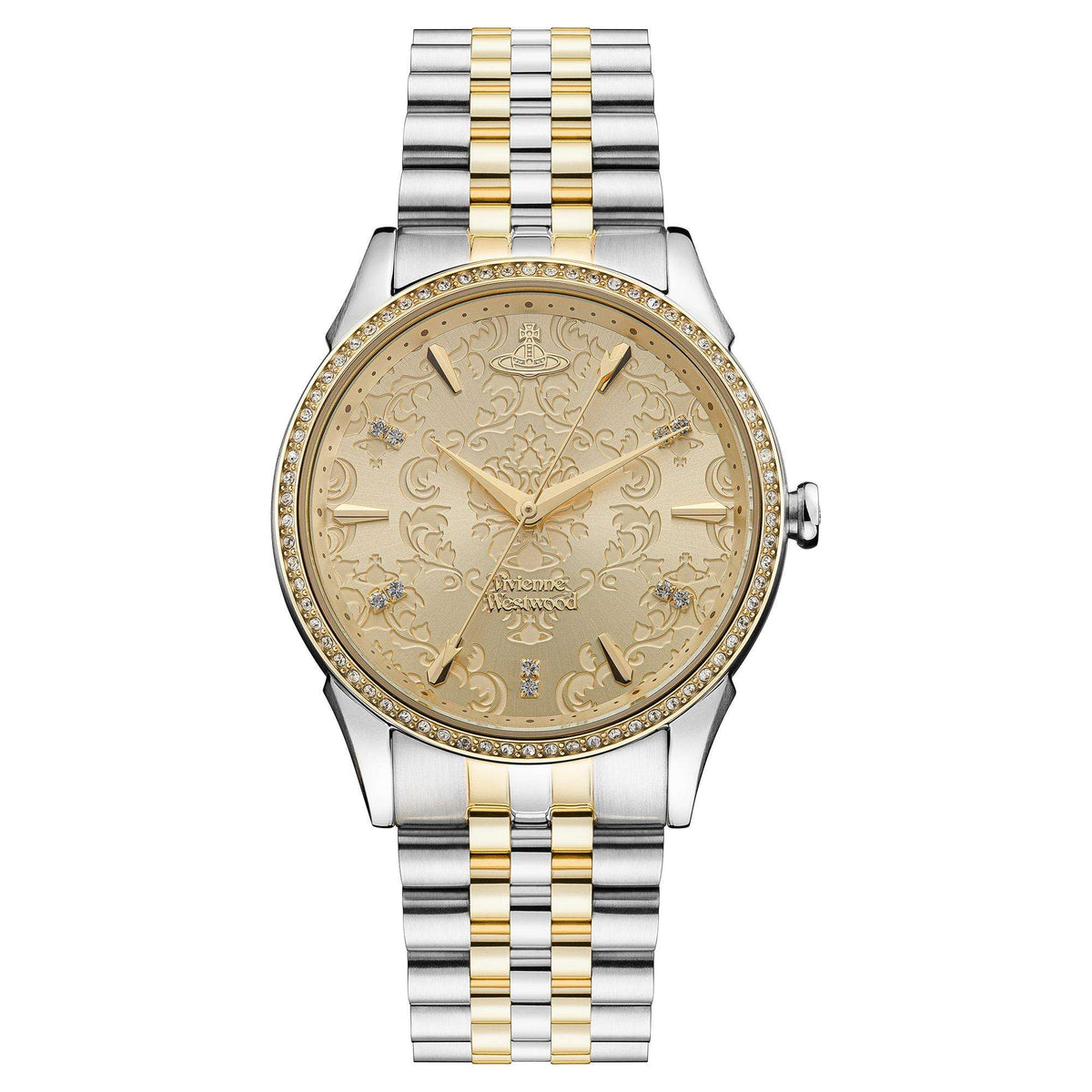 Vivienne Westwood The Wallace VV208CPSG womens analogue watch with a gold dial, crystal bezel, and two-tone bracelet