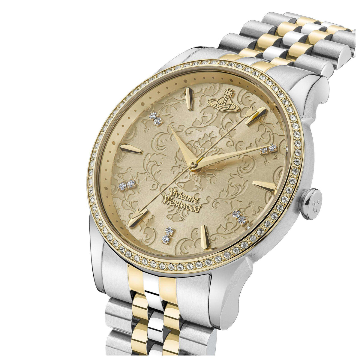 Vivienne Westwood The Wallace VV208CPSG womens wrist watch featuring a gold dial, crystal set bezel, and metallic link strap