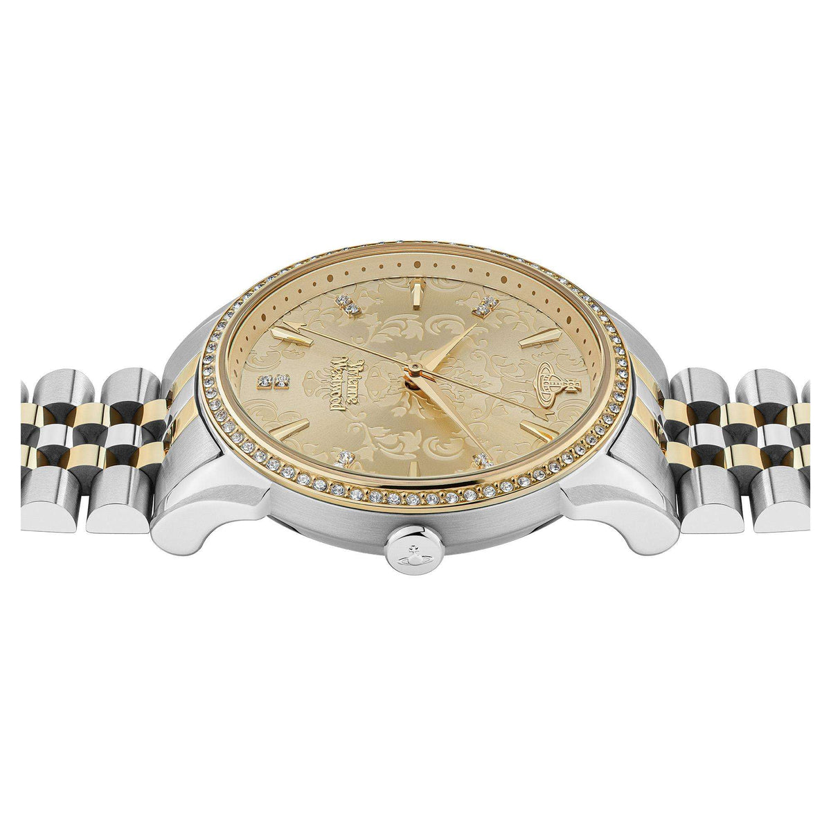 Side profile of Vivienne Westwood The Wallace VV208CPSG ladies watch showing crown detail, crystal bezel, and two-tone band
