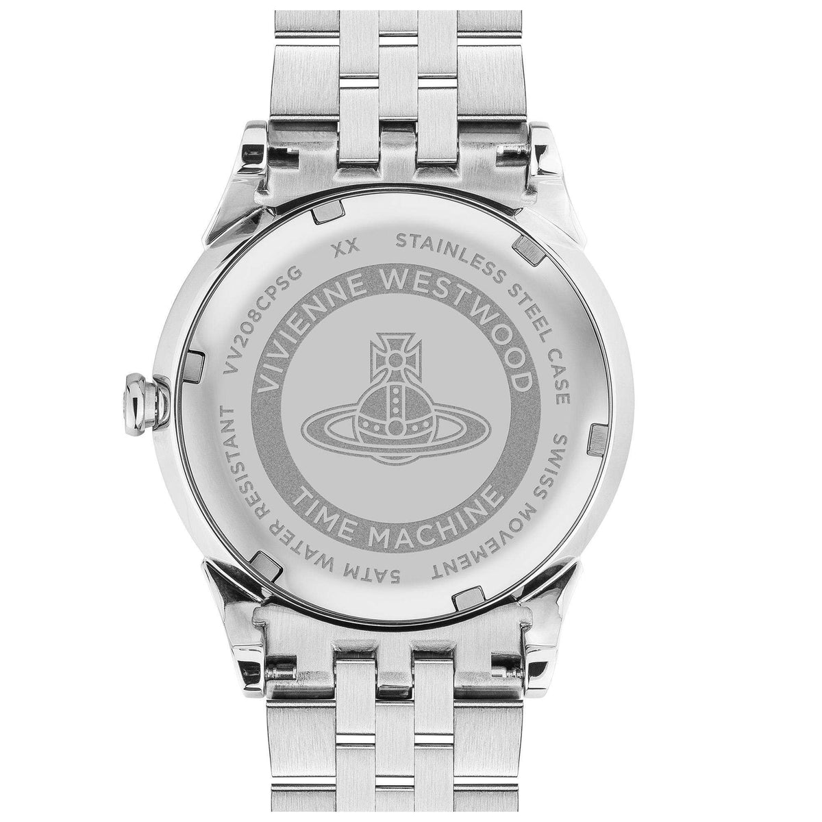 Rear view of Vivienne Westwood The Wallace VV208CPSG womens watch displaying engraved stainless steel case back with orb emblem