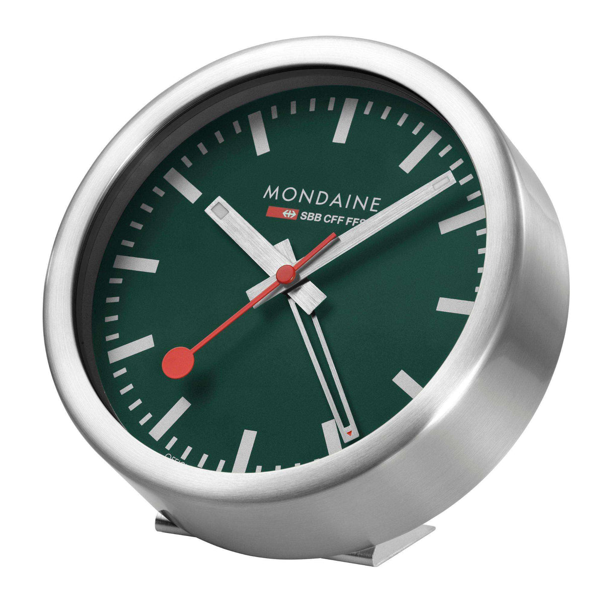 Park green dial alarm clock in silver case with red second hand and white hour markers