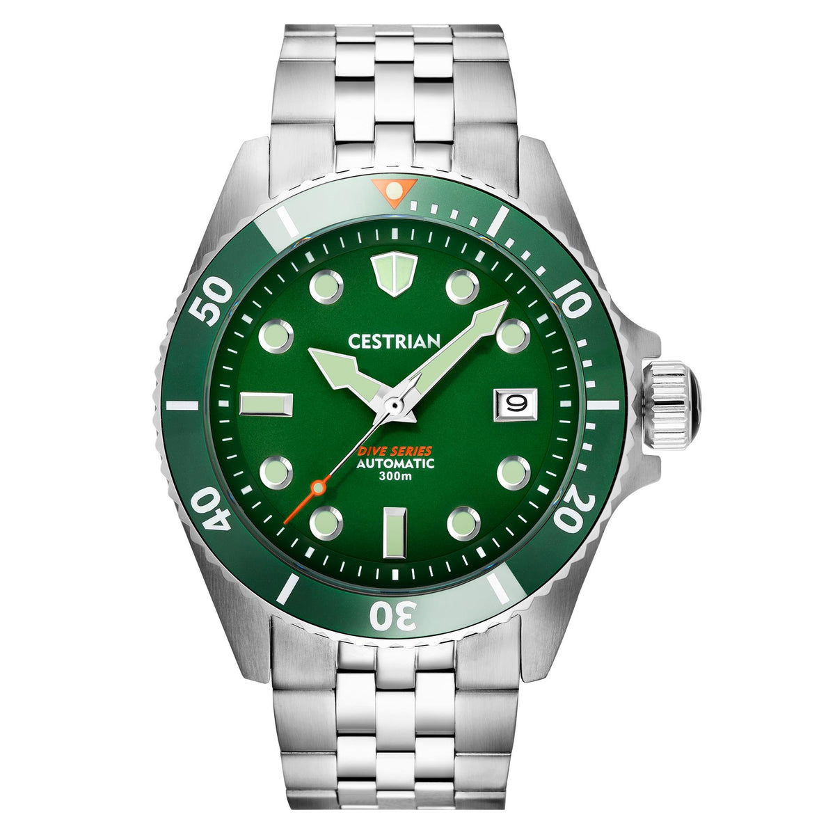 Green dial dive automatic watch with steel bracelet and green ceramic bezel