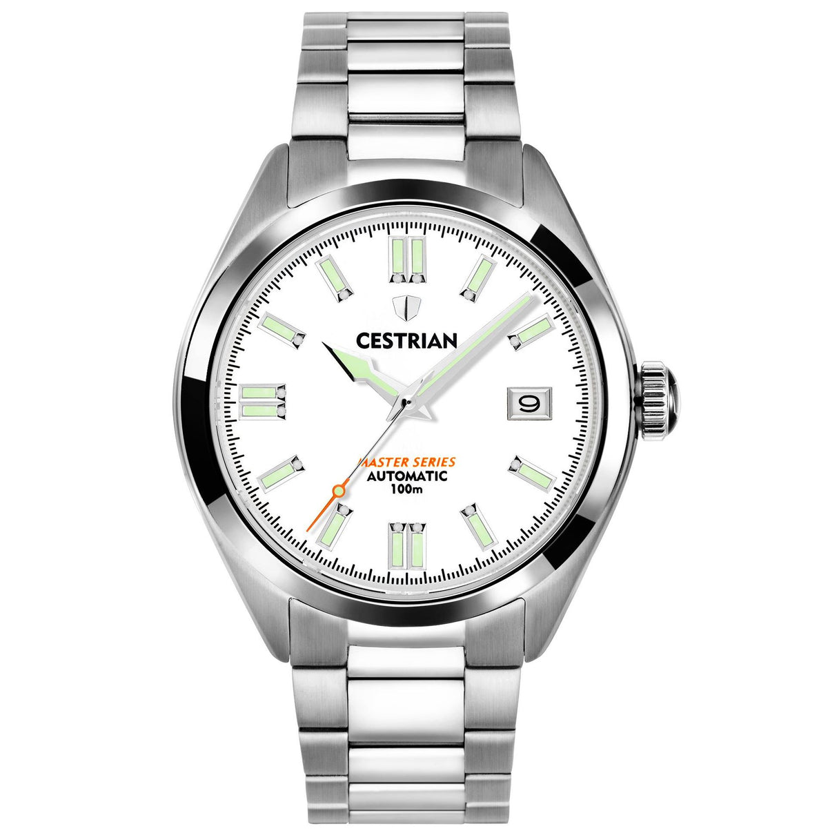 Stainless steel men's automatic watch with white dial, green markers, and metal bracelet