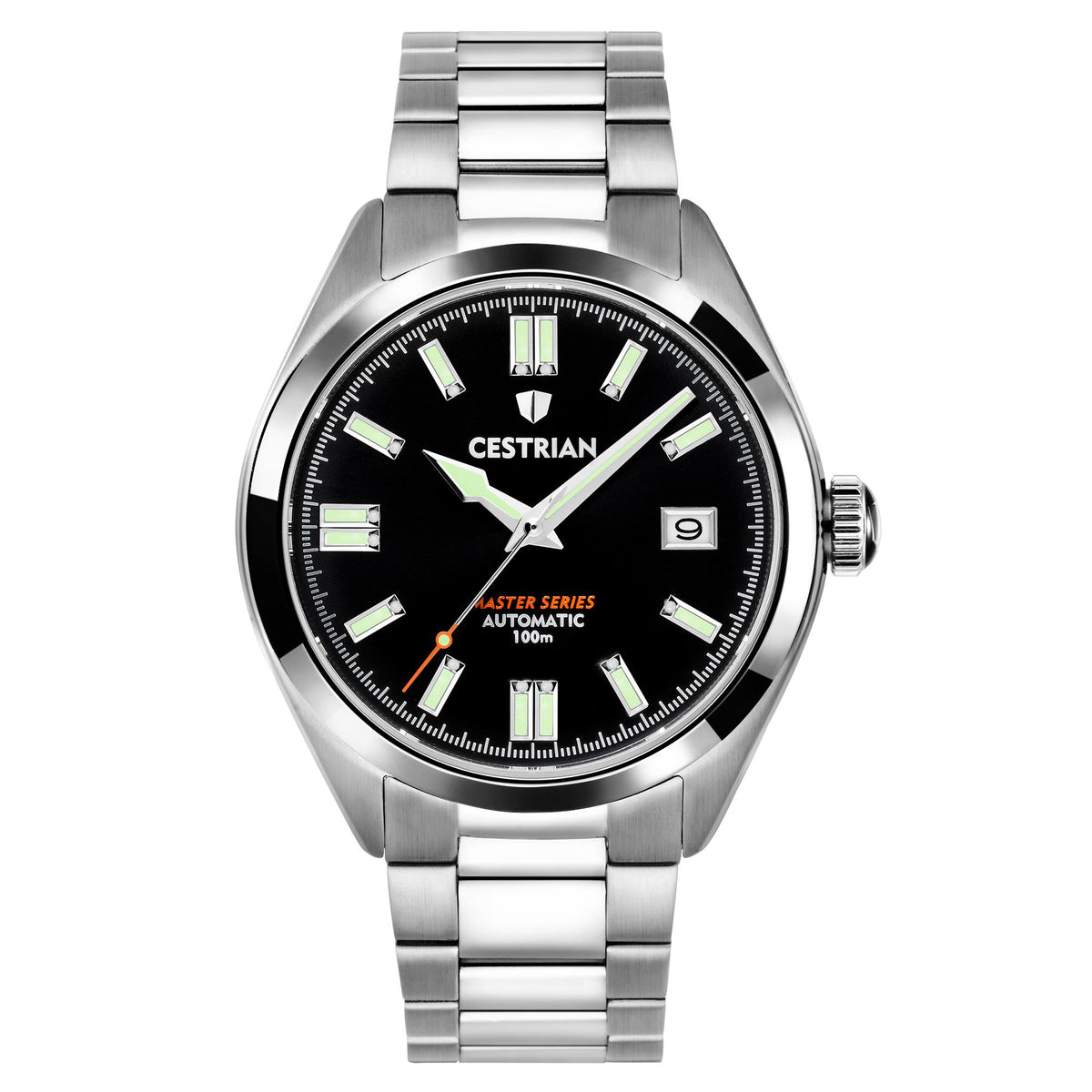 Stainless steel automatic men’s watch with black dial, luminous markers, and steel bracelet