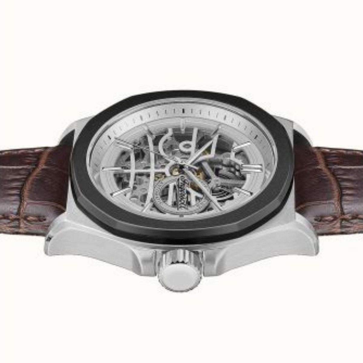 Automatic skeleton watch with white dial, silver case, crown detail, brown leather strap