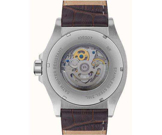 Automatic watch case back with exposed mechanism, silver case, brown leather strap