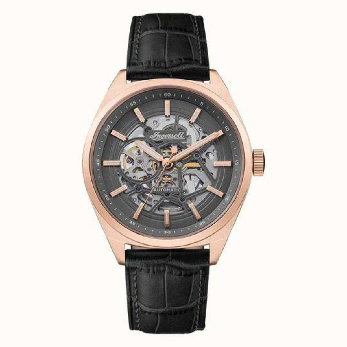 Automatic men's skeleton watch with grey dial, rose-gold case, black leather strap