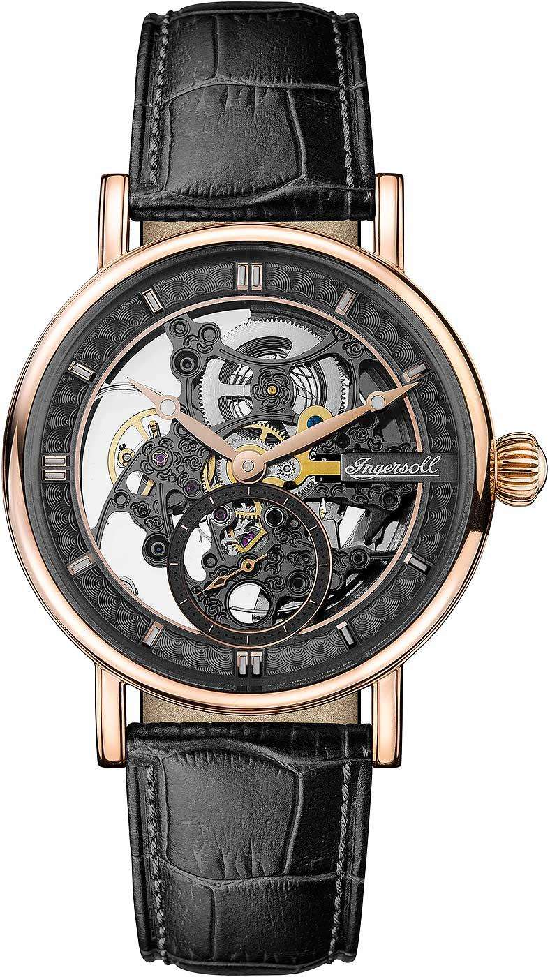 Automatic skeleton watch with black leather strap and rose-gold case, visible gears and hands