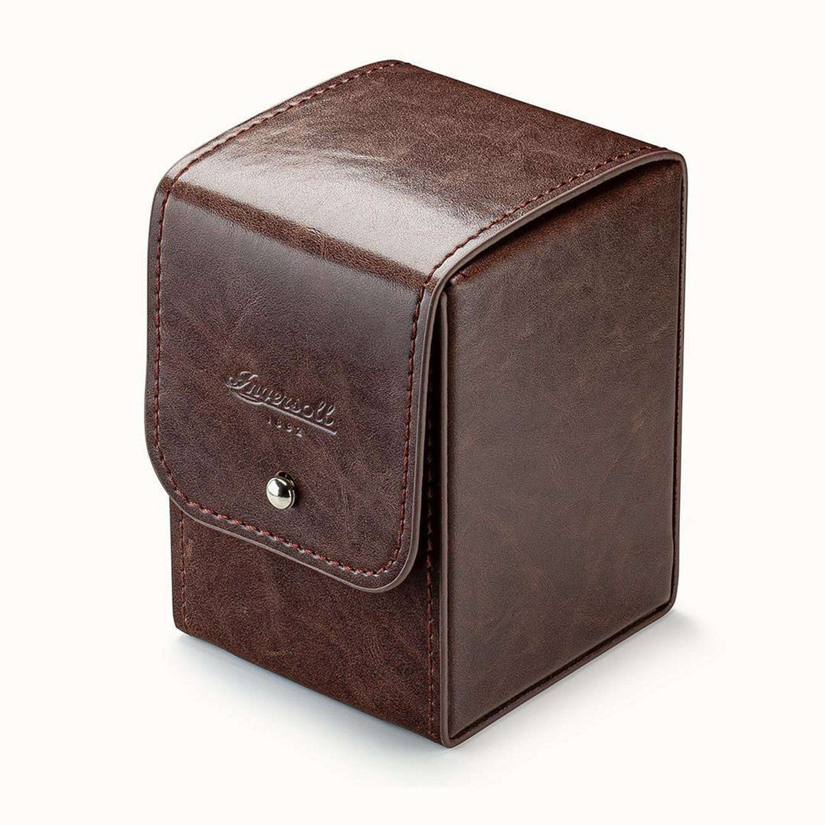 Brown leather-look watch storage case with snap closure and metal button