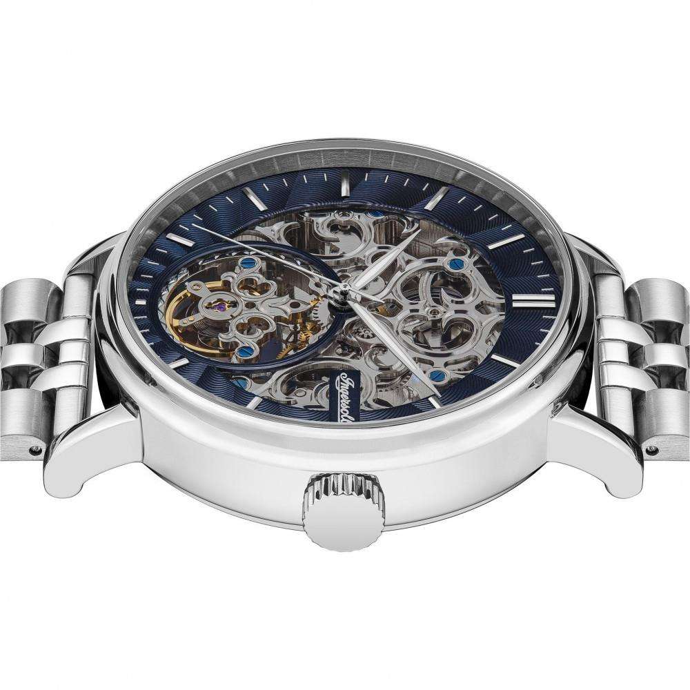 Automatic men’s watch with dark blue skeleton dial and silver stainless steel bracelet