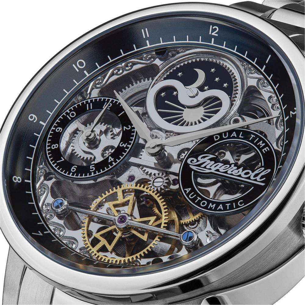 Men's automatic watch, close-up blue dial with moon-phase engraving and exposed gears