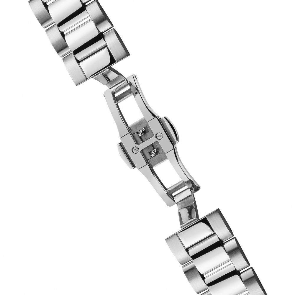 Silver steel watch bracelet with clasp and case side view, polished links