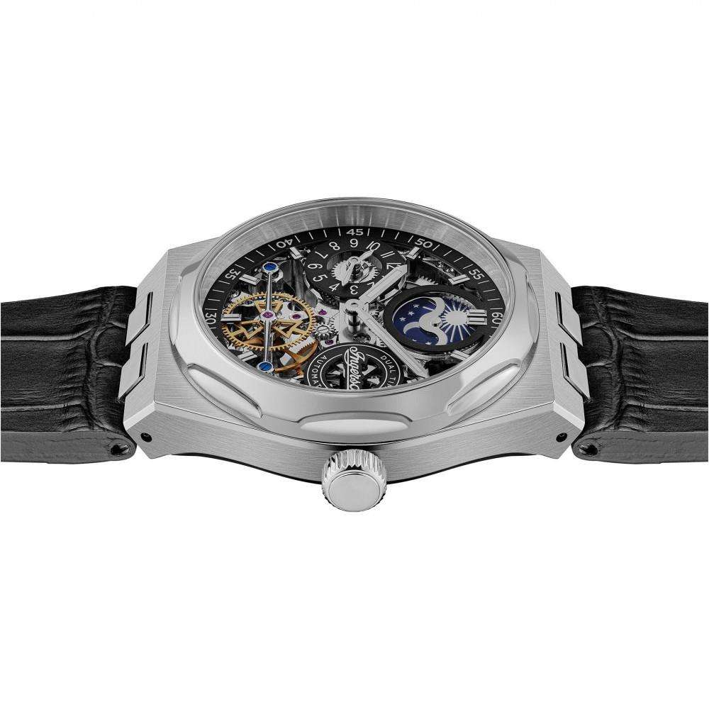 Angled view of stainless steel automatic watch with crown and black leather strap