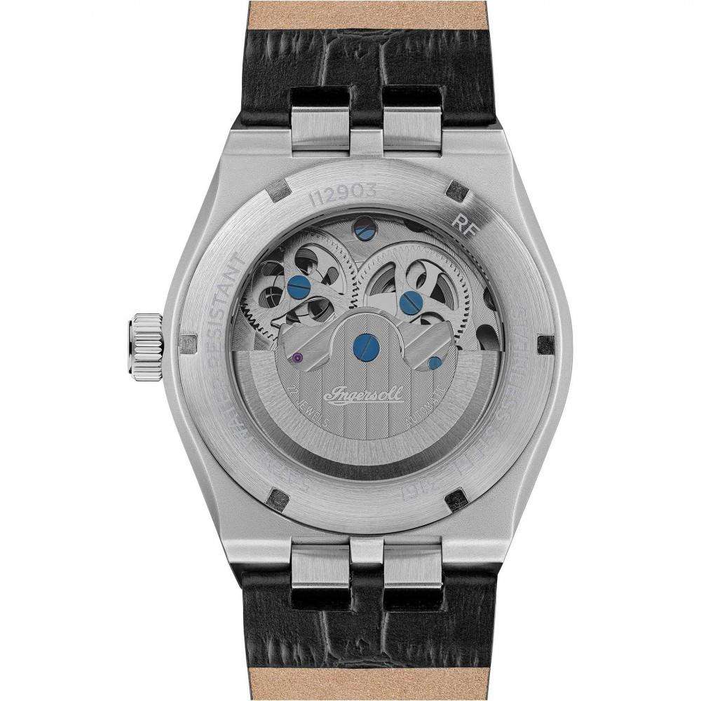 Stainless steel automatic watch with openwork black dial and black leather strap