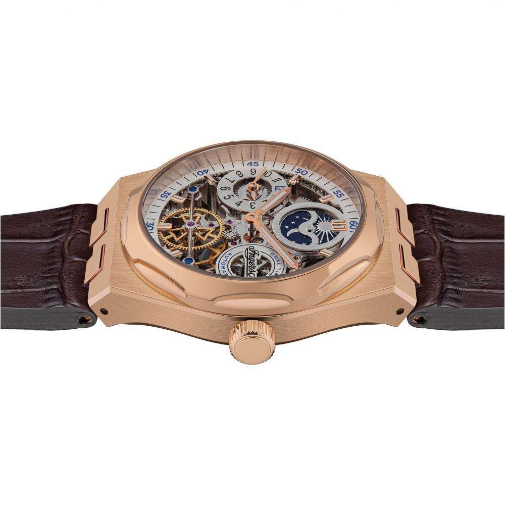 Automatic men's watch profile with rose-gold case and brown leather strap, crown at 3 o'clock