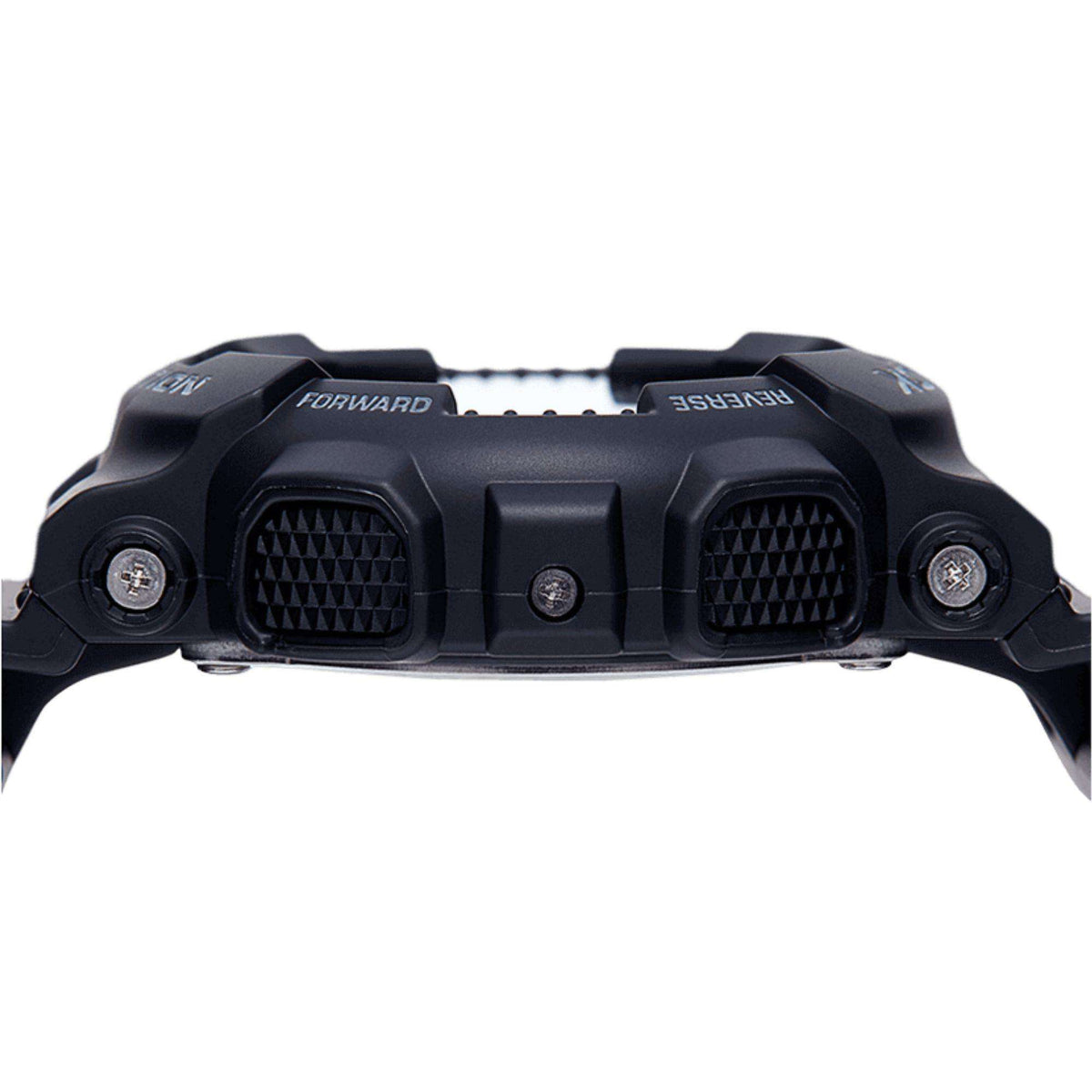 Casio G-Shock watch side view with black textured case and resin strap.