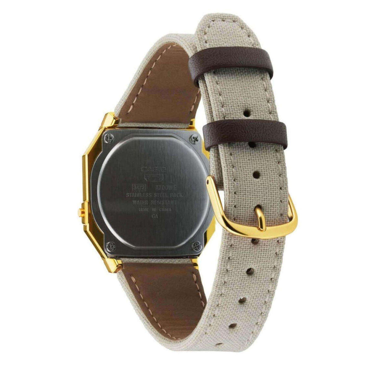 Gold digital watch case with cream fabric strap and brown leather lining