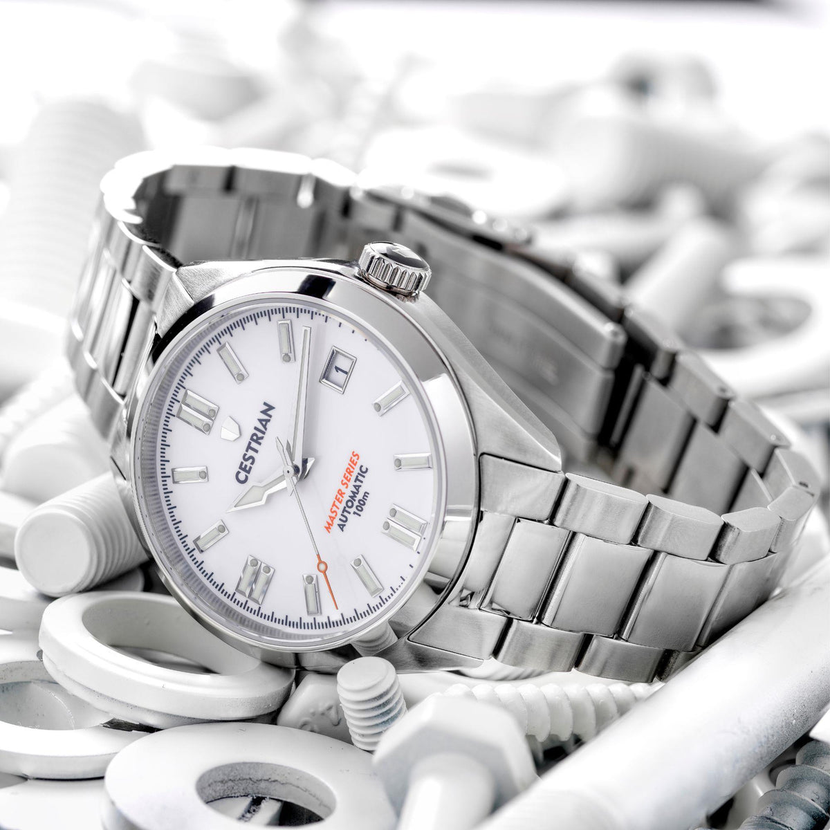 Steel automatic men's watch with white dial, silver hands, and metal bracelet