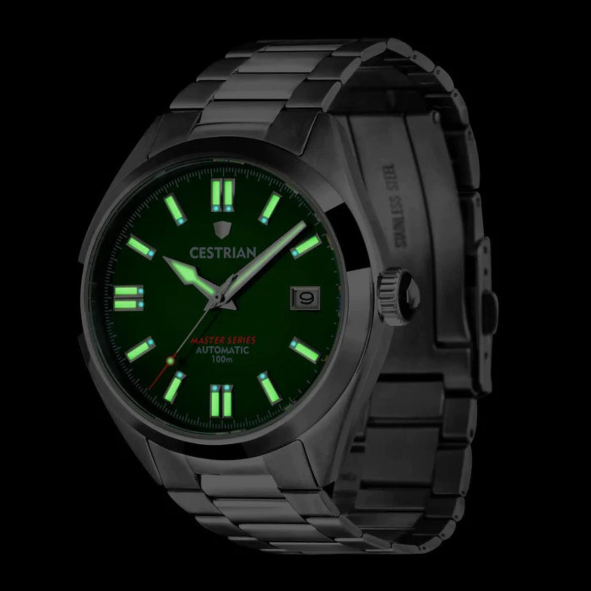Men's steel automatic watch with green dial and luminous baton markers, side view