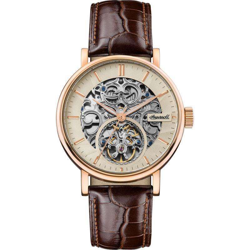 Men's Ingersoll skeleton automatic watch with champagne dial and brown leather strap