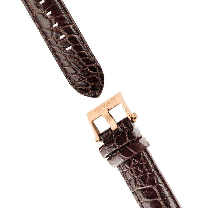 Brown leather watch strap with buckle clasp in rose-gold tone