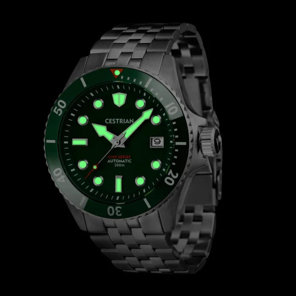 Green dial dive automatic watch with steel bracelet and green ceramic bezel